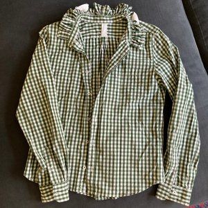 Green gingham button down blouse with ruffled collar